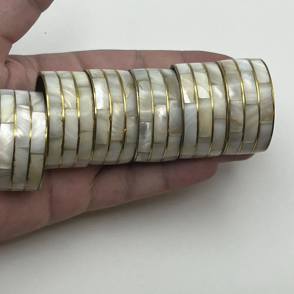 Vintage MOP Brass Napkin Rings Set of 6 Mother of Pearl India Boho Wedding